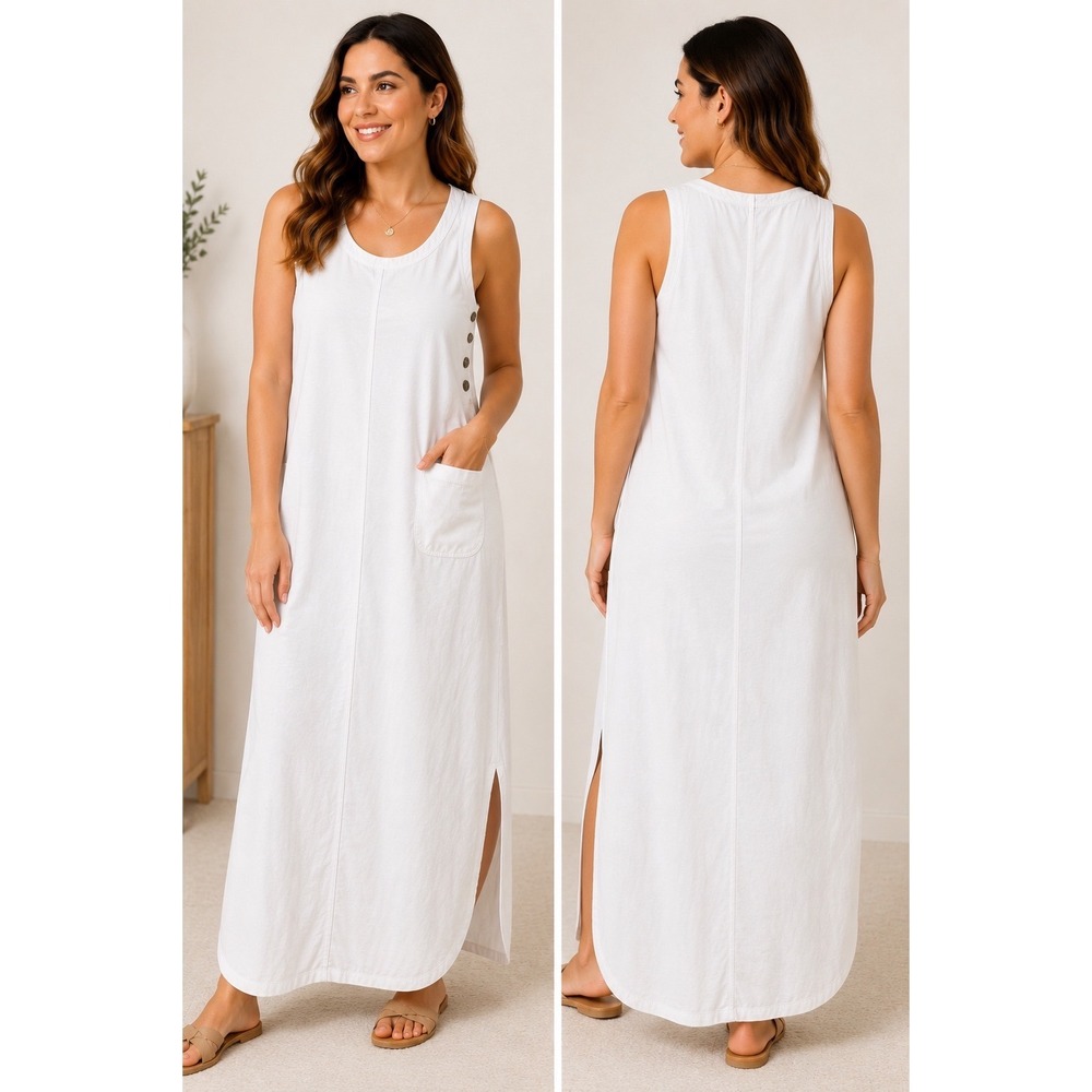 Crossroads Womens Large White Cotton Lyocell Sleeveless Side‎ Button Maxi Dress